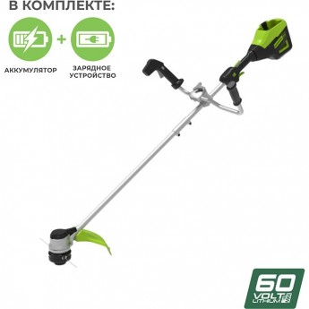 Триммер аккумуляторный бесщеточный GREENWORKS GD60BCB, 60V (40 см) с велосипедной ручкой, с АКБ 4АЧ и ЗУ Триммер аккумуляторный бесщеточный GREENWORKS GD60BCB, 60V (40 см) с велосипедной ручкой, с АКБ 4АЧ и ЗУ
